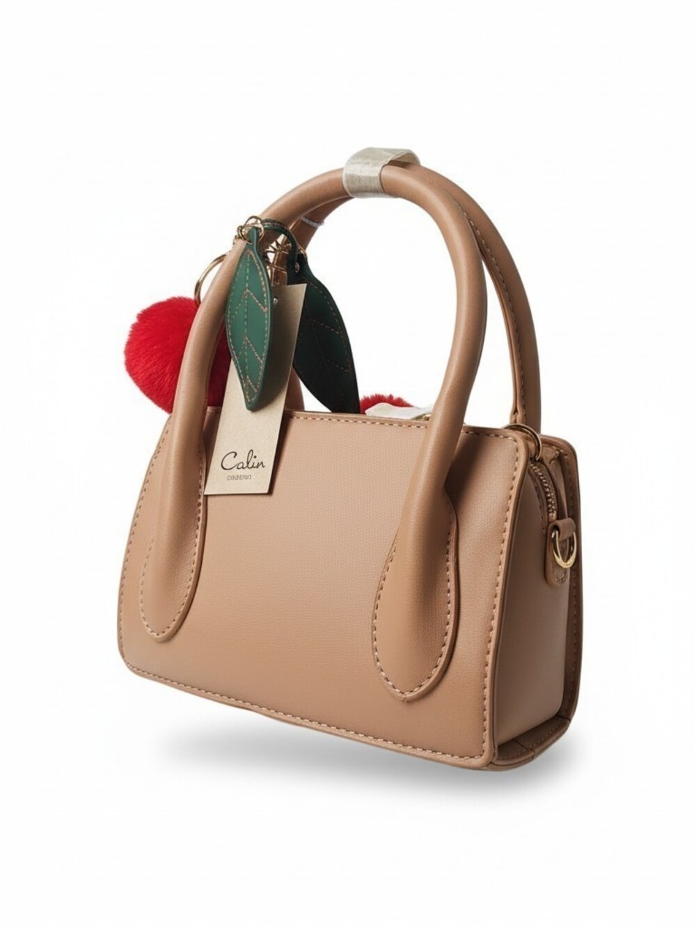 Calin Beige Mini Handbag with Red Pom and Green Leaf Charm
